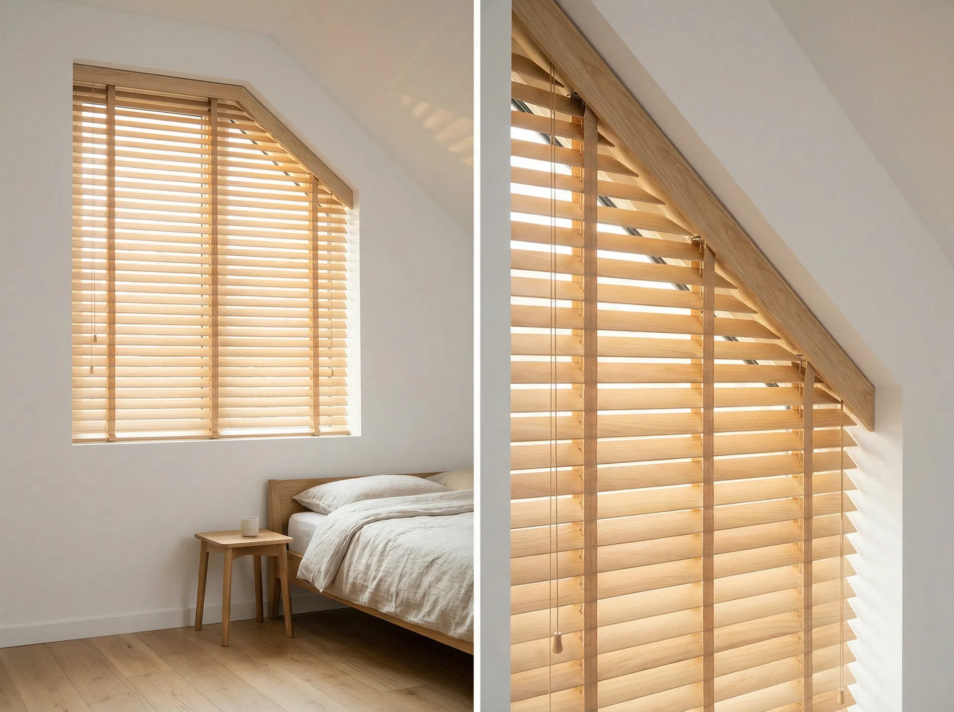 Jaluzele din lemn montate pe fereastra inclinata tip trapez in mansarda