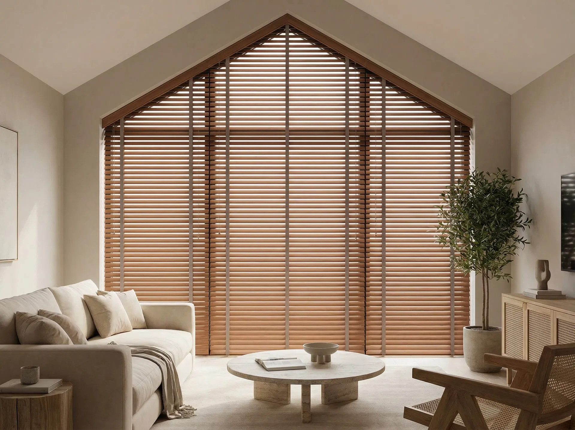 Jaluzele din lemn pe fereastra trapez simetric in living modern