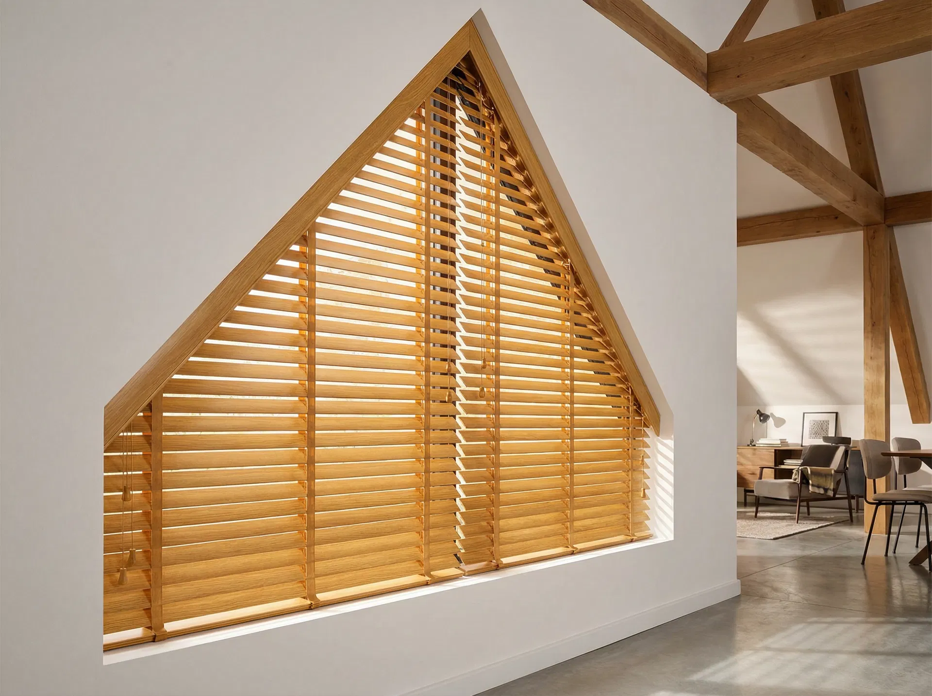 Jaluzele din lemn montate pe
fereastra triunghiulara in loft modern